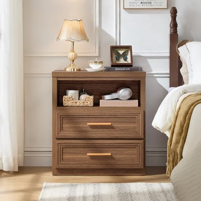 RWYHG 24'' Wide Farmhouse Night Stand with 2 Drawers,Wood Nightstand | Modern End Table Open Storage Shelf, Metal Handle, Mid-Century Bed Side Table for Bedroom, Living Room, Light Walnut - color: Light Walnut