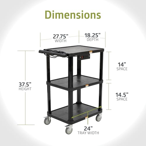 Pearington 3-Shelf Mobile Utility Cart with 3 Outlets and 8' Cord, Heavy-Duty Service Cart for Offices and Warehouses with 3 Shelves, Black - size: 1 Pack