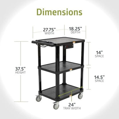 Pearington 3-Shelf Mobile Utility Cart with 3 Outlets and 8' Cord, Heavy-Duty Service Cart for Offices and Warehouses with 3 Shelves, Black - size: 1 Pack