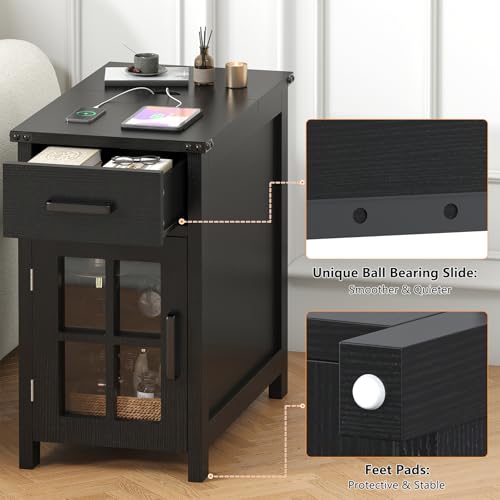 VVFLU Farmhouse End Table with Charging Station and 1 Storage Cabinet, 1 Drawer, Black Wood Nightstand Narrow, Skinny Side Table, Slim Bedside Table, Small Nightstand for Bedroom, Living Room, Sofa - color: Black/Glass