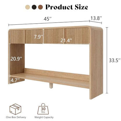 AMERLIFE 45" Fluted Entryway Console Table with 2 Drawers and Open Shelf | Modern Entryway Table, Rounded Edges, Wood Sofa Table for Hallway, Foyer, Behind Couch, Living Room, Natural Oak - color: Natural Oak - Fluted Panel, size: 45"