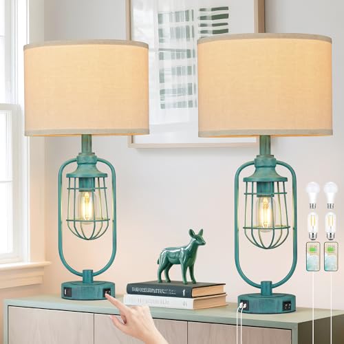 Table Lamps for Living Room End Table Set of 2, Farmhouse Lamps for Night Stands, Industrial Bedside Lamps for Bedroom with USB A+C, Bulbs Included - color: Green