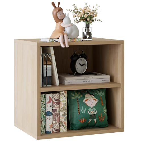 Cube Storage Organizer Shelf, 2 Tiers Stackable Bookshelf, Wooden Display Bookcase with 2 Cube Storage, Small Storage Cabinet for Living Room Bedroom, Natural