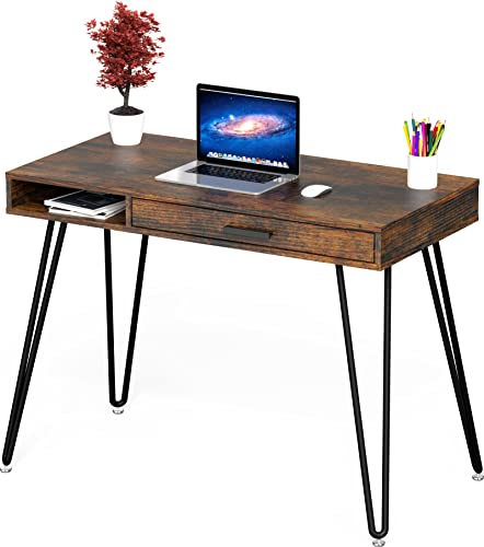 SHW Home Office Computer Hairpin Leg Desk with Drawer, Rustic Brown - color: Rustic Brown