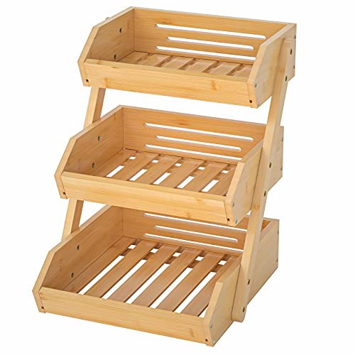 G.a HOMEFAVOR Bamboo Fruit Basket, Fruit Organizer for Kitchen Counter, Vegetable Storage Stand, 15 mm Thickness (Self-assembly) - color: Bamboo, size: 3-Tier
