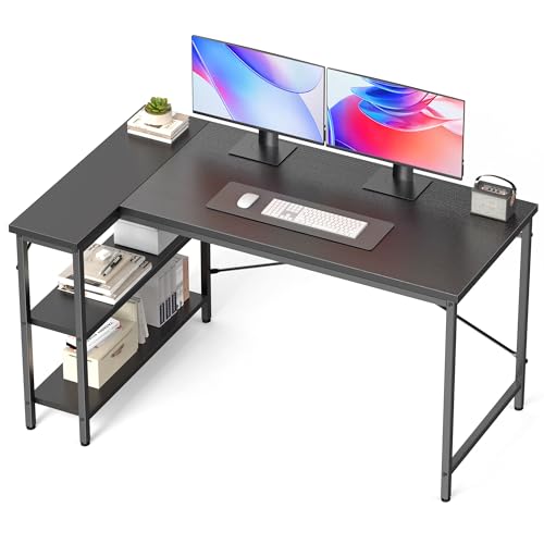DUMOS 47 Inch L Shaped Desk, Computer Gaming Corner Desks with Shelves | Home Office PC Table, Writing Working Study Desk for Bedroom Dorm, Reversible Design, Black - color: Black, size: 47" × 31.5"