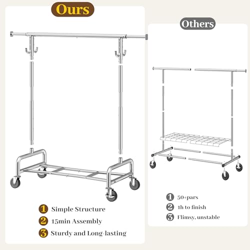 Raybee 75"Wide Clothes Rack with 4 Extra Hooks Sturdy Rolling Clothing Rack | 450LBS Capacity, Stainless Steel, Extendable Hanging Rod, 360° Lockable Wheels, Height Adjustable, 15-Min Tool-free Assembly - color: Chrome, style: Rod Shelf