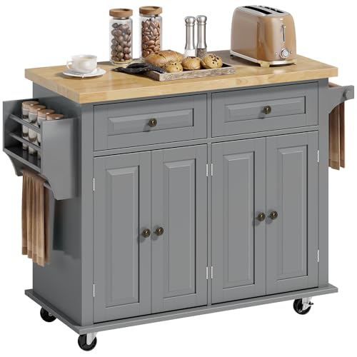 HOMCOM Kitchen Island Cart with Solid Wood Top 44" Mobile Gray | Kitchen Island Table, on Wheels, Storage Cabinets, 2 Drawers, Adjustable Shelves, Spice Rack & Towel Bar, for Dining Room - color: Grey
