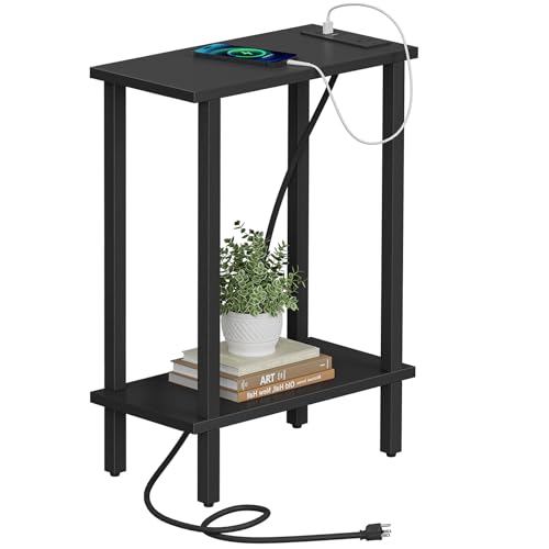 TUTOTAK Small End Table with Charging Station, Narrow Side Table with USB Ports and Outlets, Skinny Sofa Table, Slim Nightstand, Living Room, Bed Room, Black TB01BK060 - color: Black, size: 2-tier