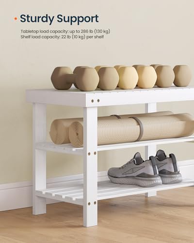 SONGMICS HOME 3-Tier Bamboo Shoe Bench, Shoe Rack, for Entryway Bathroom Bedroom, 11.5 x 27.8 x 18 Inches, White - color: White