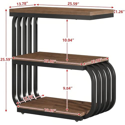Tribesigns Small Narrow End Table with Storage Shelf, Industrial Side Tables with Curved Metal Frame, 3-Tier Accent Table and Nightstand for Living Room, Bedroom, Small Space (1, Brown) - color: Brown