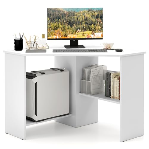 Small Corner Desk, 90 Degree Triangle Computer Workstation with Storage Shelves & CPU Stand, White Corner Vanity for Bedroom, Wooden Table for Small Spaces - color: White, size: 48” × 32” × 29”