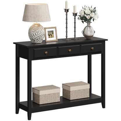 Yaheetech Console Table with 3 Drawers, Wood Entryway Table with Storage Shelf, Sofa Tables Narrow Long for Living Room, Entryway, Hallway, Foyer, Black - color: Black