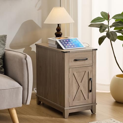 EROMMY Farmhouse End Table with Charging Station, Narrow Side Table for Living Room, Nightstand with Drawer and Storage Cabinet, Adjustable Shelf, Gray - color: Grey