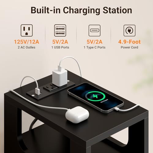 Narrow Side Table with Charging Station, Skinny Fluted Nightstand, Black | 7.9" Wide, 24.4" H, 2 Drawers, Solid Wood Feet, Open Shelf, Slim End Table for Small Spaces, Bedroom - color: Black-1 Pcs