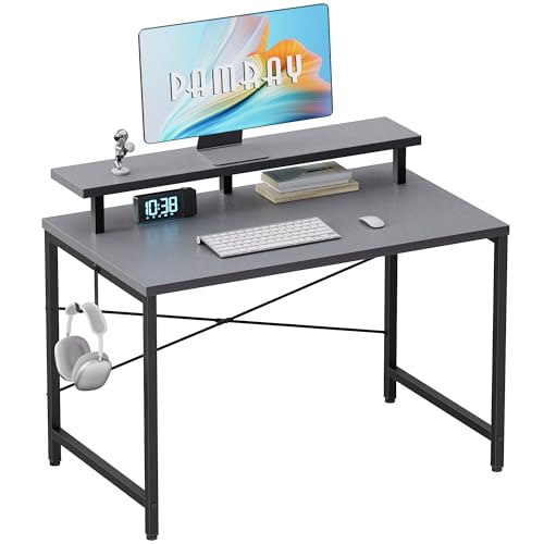 Pamray 32 Inch Small Computer Desk with Monitor Stand, Simple Office Desk with Headphone Hook for Small Spaces, Kids Study Writing Table for Bedroom, Grey - color: Grey, size: 32 Inch