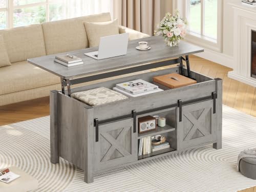 SEDETA Farmhouse Lift Top Coffee Table with Storage for Living Room, Grey | Lift Tabletop Dining Table, Gas Spring, Hidden Compartment, Open Storage Shelf - color: Grey, size: 19.7"D x 39.3"W