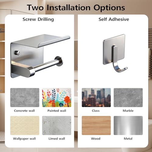 Toilet Paper Holder with Phone Shelf, Tissue Roll Holder with Storage Shelf | Adhesive or Screw Wall Mount Toilet Tissue Roll Holder for Bathroom Washroom, With 5 Stainless Hook, Rustproof, Silver