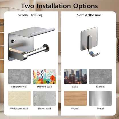 Toilet Paper Holder with Phone Shelf, Tissue Roll Holder with Storage Shelf | Adhesive or Screw Wall Mount Toilet Tissue Roll Holder for Bathroom Washroom, With 5 Stainless Hook, Rustproof, Silver
