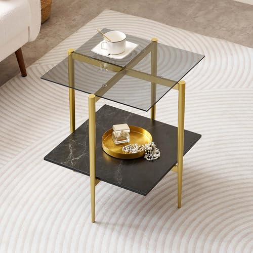 LumFurn Glass End Table, Mid-Century Modern Design Sofa Table, for Living Room, L18 x W18 x H23 in, Clear Glass Top and Walnut MDF Shelf, Sleek Conical Metal Legs with Gold Finish Frame - color: Grey & Black Marble, size: L18" Square End Table