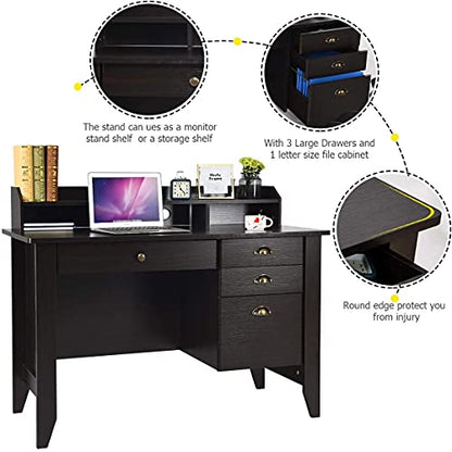 Catrimown Home Office Desk with Drawers and Hutch, Small Computer Desk with File Drawers, Writing Study Teens Student Desk for Bedroom, Student Girls Desks with Storage Shelves, Espresso Brown - color: Espresso Brown