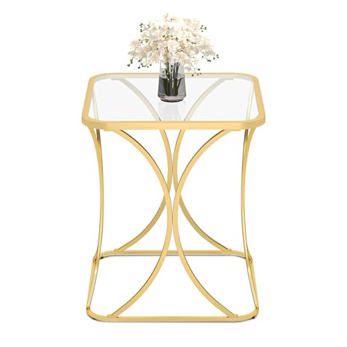 19.68" Square End Table with Tempered Glass Top, Stylish X-Shaped Metal Frame, Living Room Coffee Table, Sofa Side Table, Accent Tables for Small Spaces, Modern Bedside Table (Gold) - color: Gold, style: Style 2