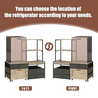 Herture Mini Fridge Stand with Wine Rack, Kitchen Bakers Rack with Power Outlet, Microwave Oven Stand, Coffee Bar, Movable Drawers, for Dorm,Office, Grey HB04BXZ - color: Griege