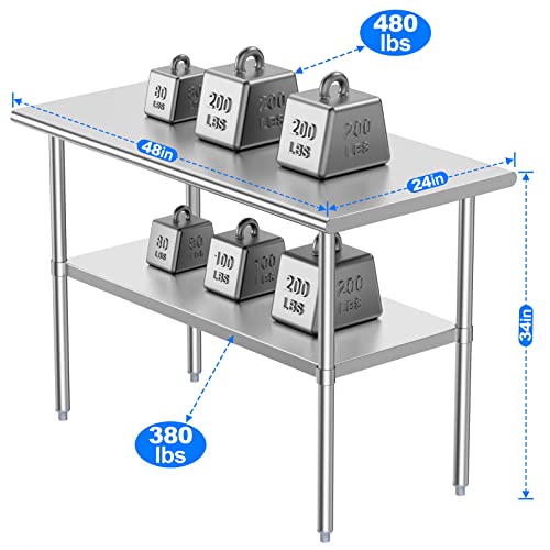 Stainless Steel Table for Prep & Work, 24x48 Inches, Metal Commercial Heavy Duty Table with Adjustable Under Shelf for Restaurant, Home and Hotel - size: 24x48in