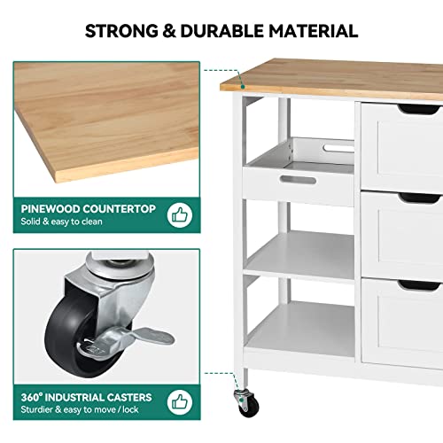 YITAHOME Small Solid Wood Top Kitchen Island Cart on Wheels with Storage, Rolling Portable Dining Room Serving Utility Carts Mobile Movable with 3 Drawers Cabinet, Oak & White - style: 26.7"W White