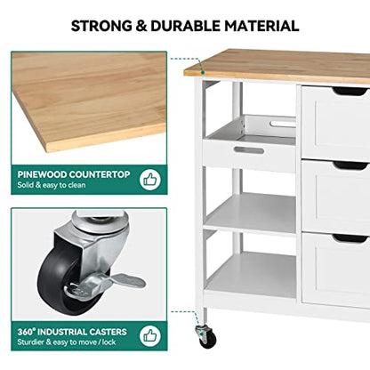 YITAHOME Small Solid Wood Top Kitchen Island Cart on Wheels with Storage, Rolling Portable Dining Room Serving Utility Carts Mobile Movable with 3 Drawers Cabinet, Oak & White - style: 26.7"W White