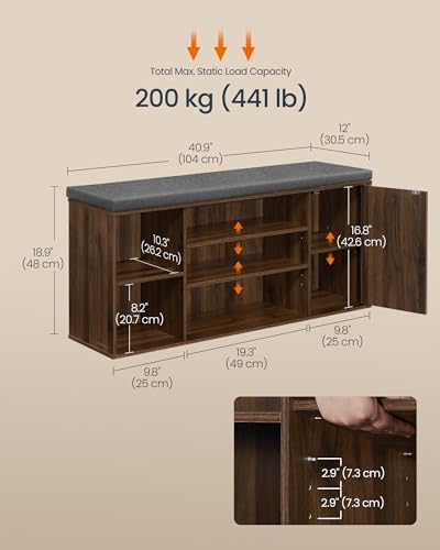 SONGMICS Home Storage Bench, Snapsemble Superfast Assembly, 41" Wide Entryway Shoe Bench with Cushion & Adjustable Shelves, Shoe Rack Cabinet, Natural Walnut and Slate Gray ULHS391KE04S - color: Natural Walnut + Slate Gray, style: 12"D x 40.9"W x 18.9"H w