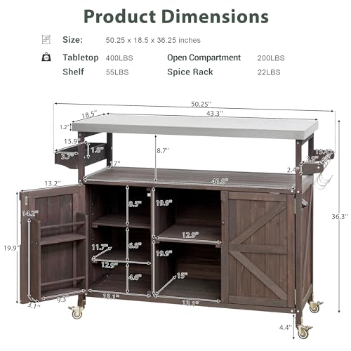 Merax 50" Outdoor Kitchen Grill Cart Island on Wheels with Stainless Steel Top,Farmhouse Style Solid Wood Frame Storage Cabinet for Backyard - color: Dark Brown
