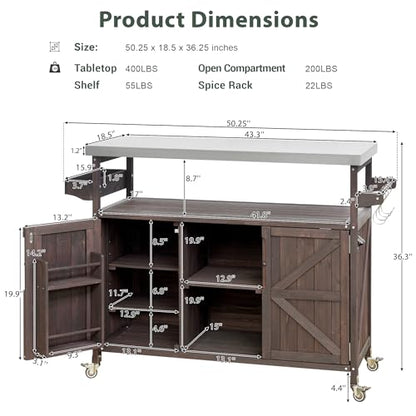 Merax 50" Outdoor Kitchen Grill Cart Island on Wheels with Stainless Steel Top,Farmhouse Style Solid Wood Frame Storage Cabinet for Backyard - color: Dark Brown