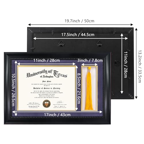 GMFrames 8.5x11 Diploma Frame with Tassel Holder, Solid Wood & Tempered Glass, Purple over Gold Mat, Black Finish with Intricate Black Rope Detail - color: Black / Purple Gold Mat, size: 11x17 for 8.5x11 with Tassel