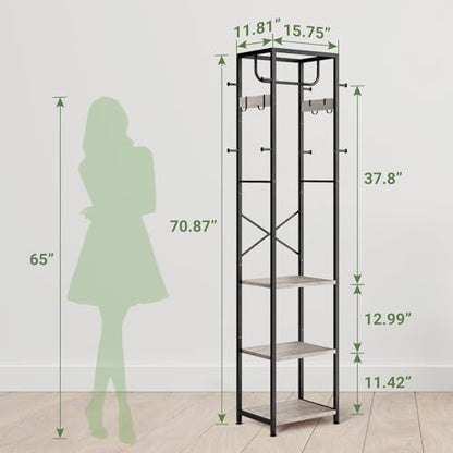 ELYKEN Coat Rack Freestanding, Hall Tree with 3 Storage Shelves and 12 Hooks, Industrial Clothes Rack Stand Organizer for Bedroom, Hallway, Entryway, Office, Living Room, Greige - color: Greige