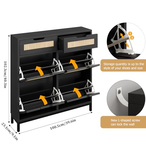 Jocoevol Rattan Shoe Cabinet for Entryway, Boho Shoe Storage Cabinet with 4 Flip Drawers and 2 Drawers, Narrow Freestanding Shoe Rack with Metal Legs for Entryway/Hallway/Foyer (Black) - color: Black