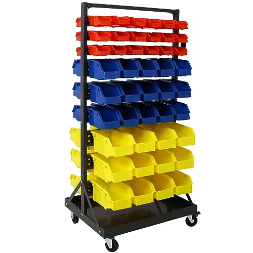 9-Tier Double-Sided Rolling Bin Rack with 90 Parts, Heavy Duty Steel Frame with Locking Wheels, 450 lbs Capacity for Garage, Shop, Home, and Workshop Organization - size: 9-Tiers