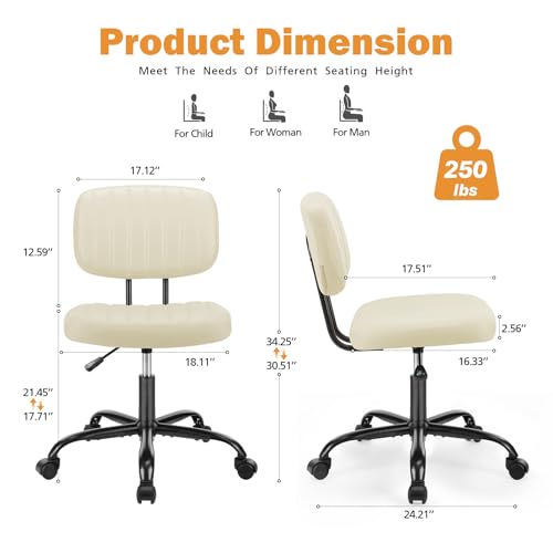 Sweetcrispy Small Office Desk Chair, Armless PU Leather with Comfy Lumbar Support, Height Adjustable Rolling Swivel Task for No Arms, for Adult, Student, Bedroom, Home, Vanity, Beige White - color: Beige