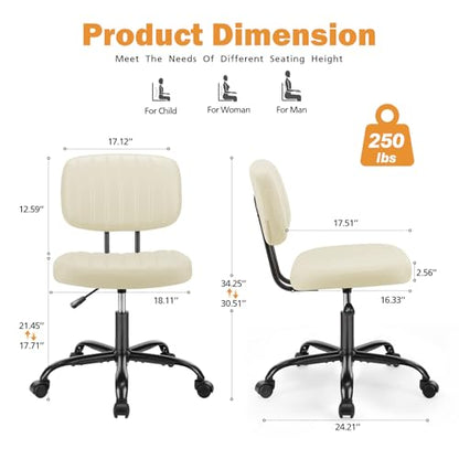 Sweetcrispy Small Office Desk Chair, Armless PU Leather with Comfy Lumbar Support, Height Adjustable Rolling Swivel Task for No Arms, for Adult, Student, Bedroom, Home, Vanity, Beige White - color: Beige