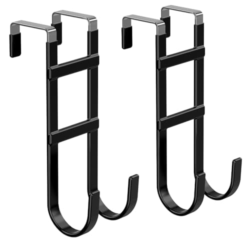 FYY Over the Door Hooks, Double-Hanger 2 Pack, Fits Doors 1.6" Black | Heavy Duty Metal, Hold 100lbs, Rubber-Coated, No-Drilling, for Bathroom Dorm, Hanging Clothes Towels Bags Ironing Board Robe - color: Black, size: 7.8" Long, Fit Interior Doors Up to 1