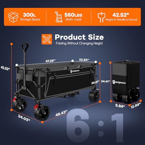 Originsure 300L Foldable Beach Wagon Cart with Big Wheels,560lbs,Grey&Black | 48" Folding Utility Wagon,7" All-Terrain Wheels,Heavy Duty Frame,Compact&Space-Saving,for Camping,Sports,Grocery,Garden - color: Black&grey