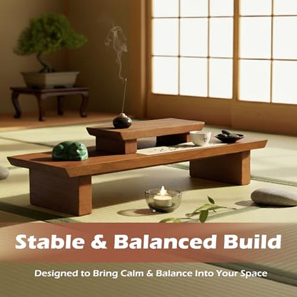 Japanese Floor Table Meditation Altar Table Solid Wood, Wooden Low Meditation Table for Sitting on the Floor, Small Coffee & Tea Table for Home, Living Room, Office, Studio