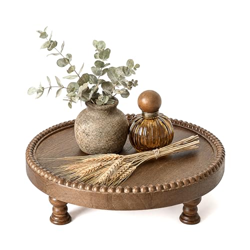 EOSAHR Pine Wood Retro Round Display Riser for Room Decor – Beaded Pedestal Tray Stand for Plant Stand, Bathroom Organizer, Boho Home Accent – Farmhouse Apartment Essentials(Brown) - color: Brown