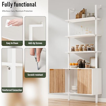 INNOD 74" Tall Bookshelf with Storage Cabinet, Modern Ladder Shelf with Wood and Metal Frame, Wall Mount Bookcase Open Display Shelf Furniture for Living Room, Bedroom, Home Office, White and Oak - color: White & Oak
