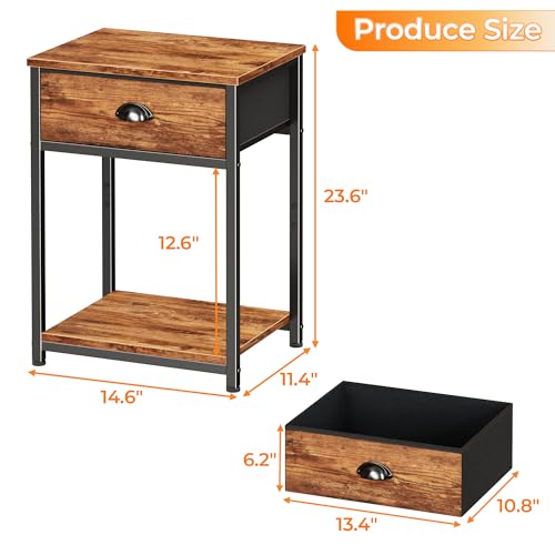 Furologee Nightstands Set of 2, Night Stand with Fabric Drawer and Storage Shelf, Retro Bedside Sofa Tables for Small Place, End Side Tables Living Room Bedroom, Rustic Brown