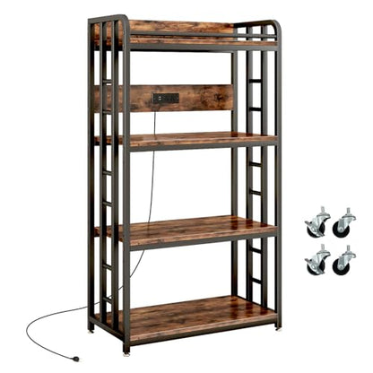 METYERRY Adjustable 4-Tier Heavy Duty Kitchen Baker's Rack with Power Outlet, with Industrial Wheels, Free Standing Microwave Oven Cart Stand for Storage in Living Room, Garage, Rustic Brown - color: Rustic Brown