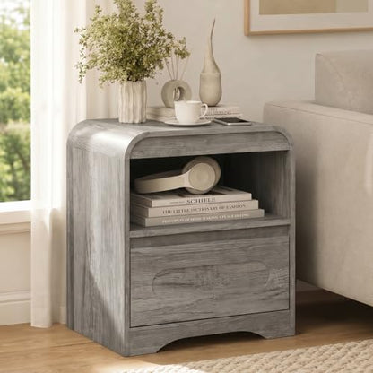 Wood Nightstand with Drawers, Curved Bedside Side End Table w/Open Storage | Hidden Handle, Modern Night Stands for Bedroom Sofa Couch Office, Grey