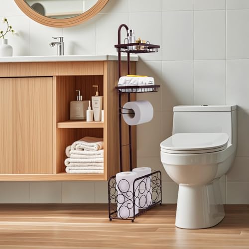 Oasis Creations Toilet Paper Holder Tissue Rack Stand with Magazine Toilet Roll Storage Basket- Freestanding, Bronze Metal - color: Bronze