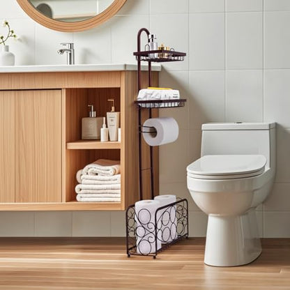 Oasis Creations Toilet Paper Holder Tissue Rack Stand with Magazine Toilet Roll Storage Basket- Freestanding, Bronze Metal - color: Bronze