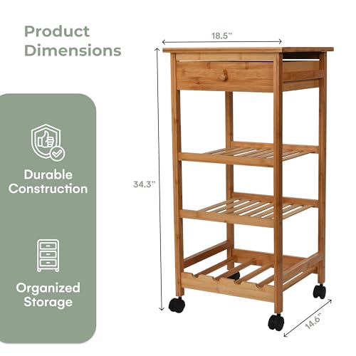 Kitchen Cart with Drawer and Basket - Brown Kitchen Cart Island for Small Spaces - Extra Counter Space or Spice Rack - Portable Dining Table with Wheels - Elegant Solid Wood Top, Spice Drawer